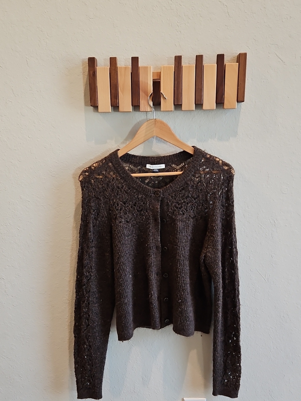 American Eagle Outfitters Dark Brown Crochet yoke Button Cardigan